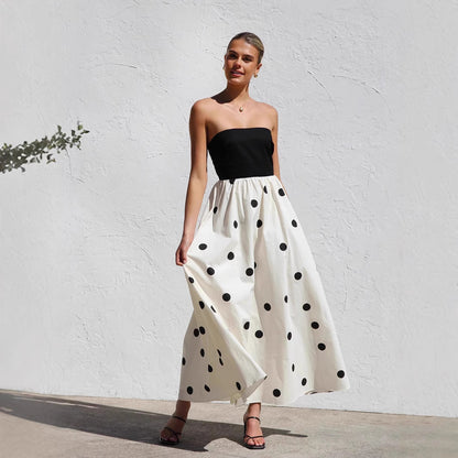 Polka-dot Print Patchwork Tube Maxi Dress