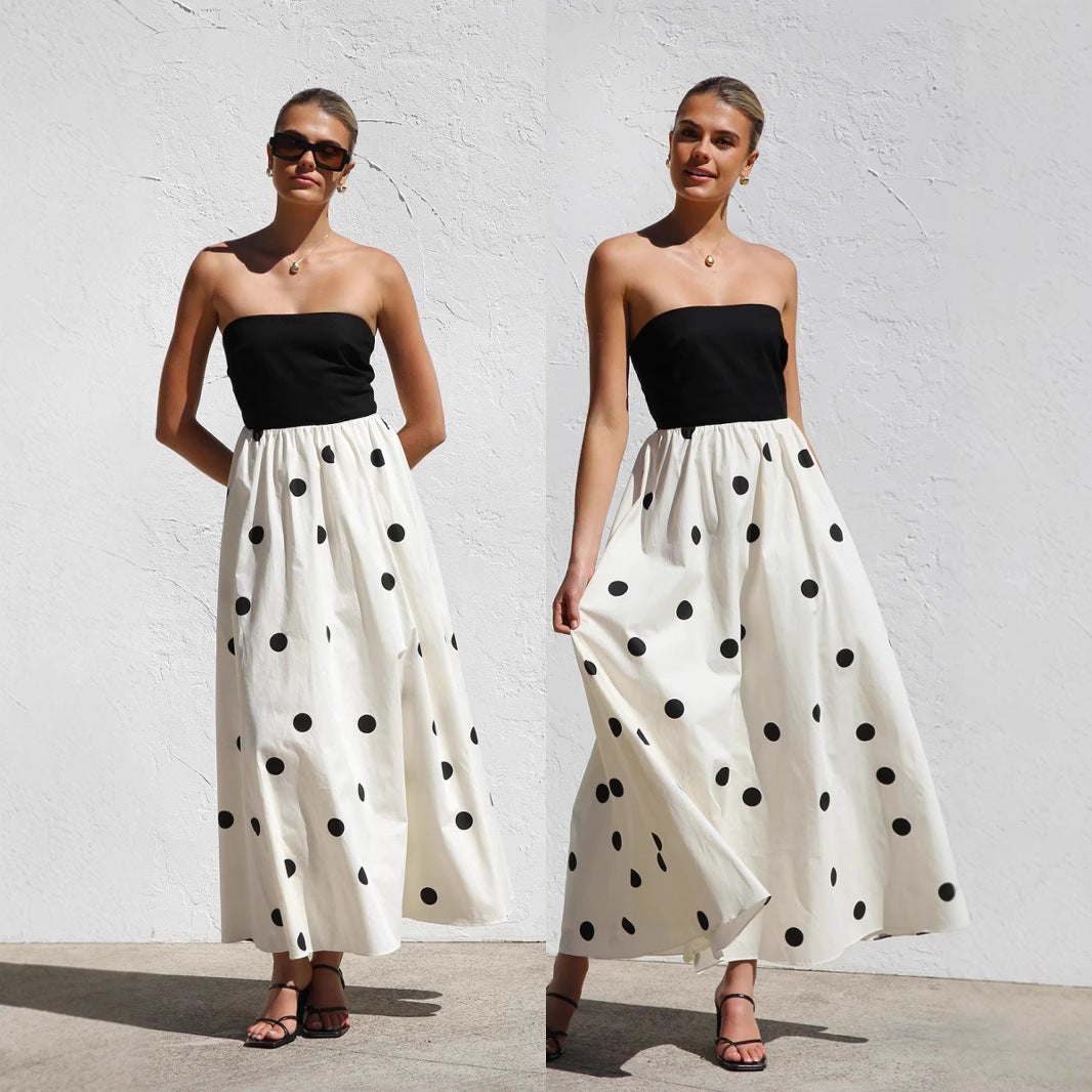 Polka-dot Print Patchwork Tube Maxi Dress