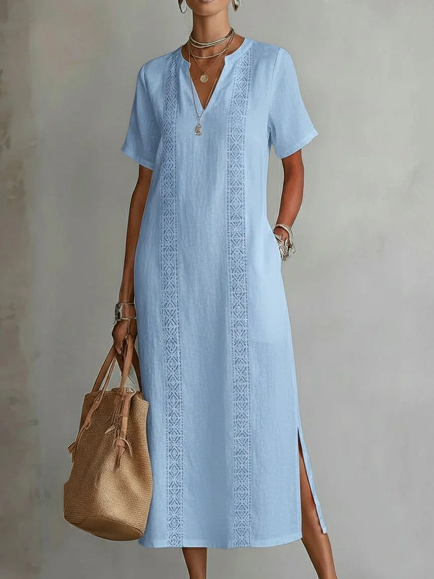 Women's Retro Hollow-Out Lace V-Neck Cotton-Linen Dress