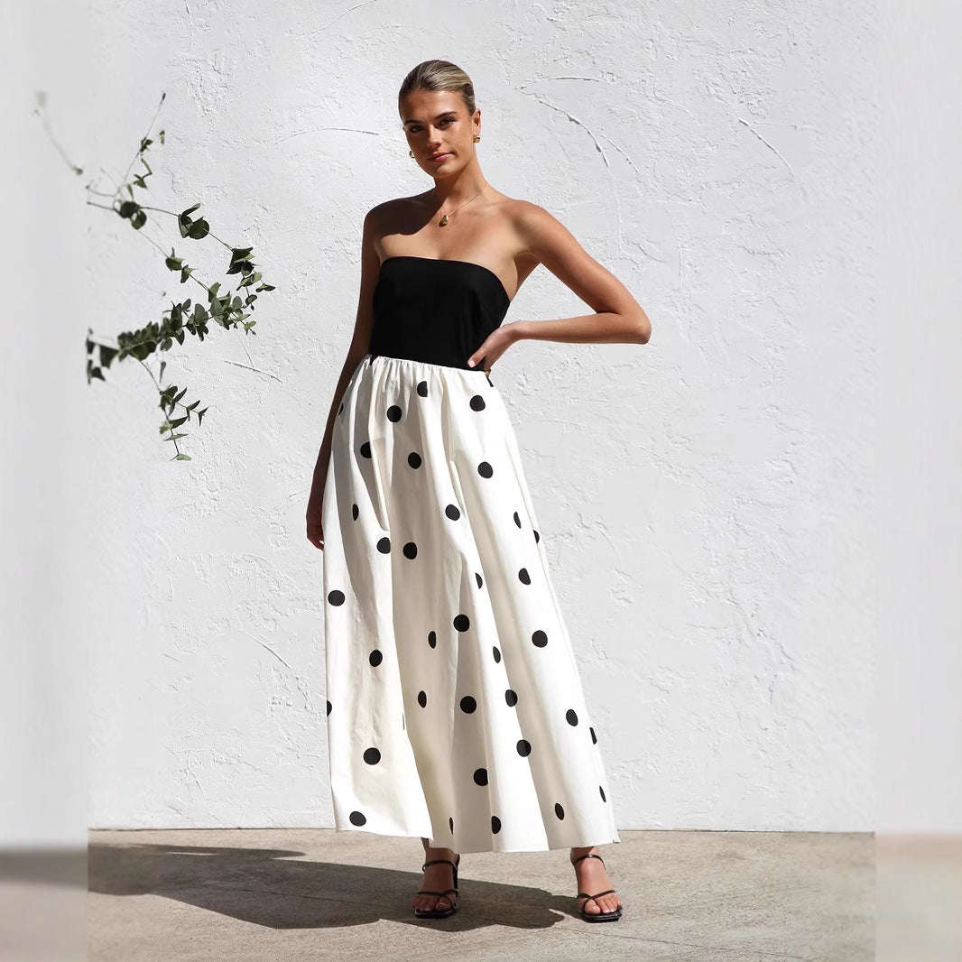 Polka-dot Print Patchwork Tube Maxi Dress
