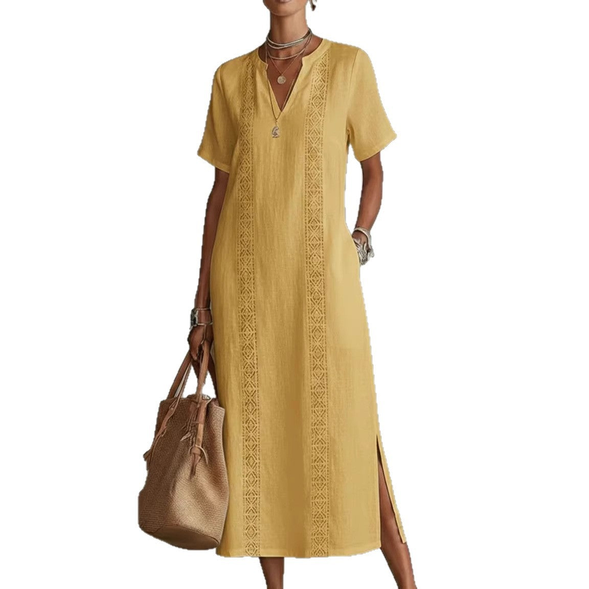 Women's Retro Hollow-Out Lace V-Neck Cotton-Linen Dress