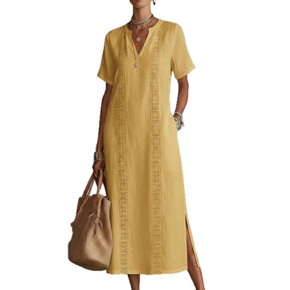 Women's Retro Hollow-Out Lace V-Neck Cotton-Linen Dress