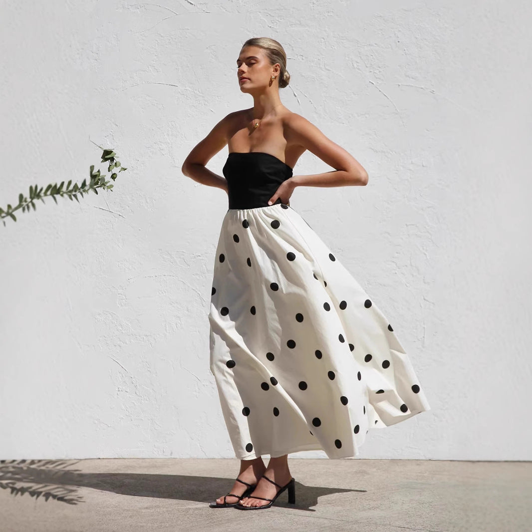 Polka-dot Print Patchwork Tube Maxi Dress