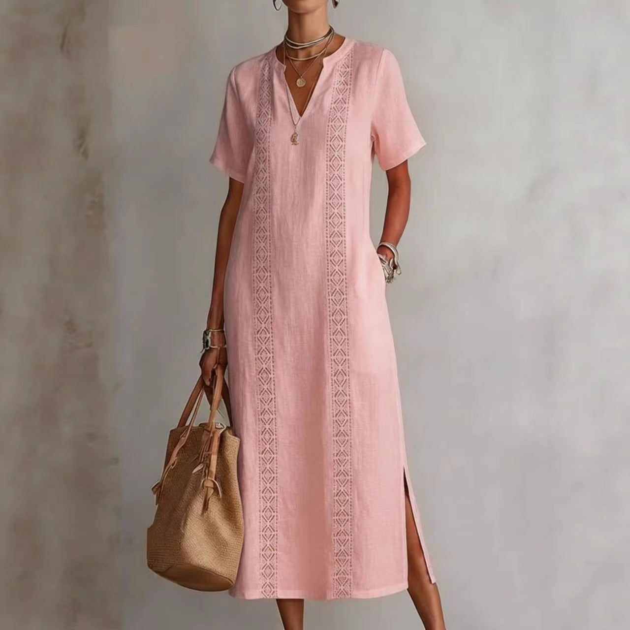 Women's Retro Hollow-Out Lace V-Neck Cotton-Linen Dress