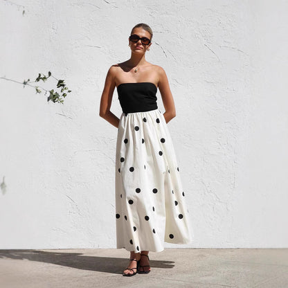 Polka-dot Print Patchwork Tube Maxi Dress